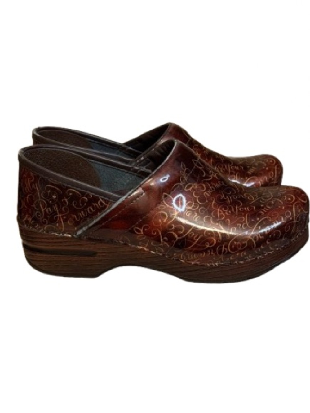 Dansko Professional Clogs Brown Script Print Leather Comfort Shoes US 7.5-8